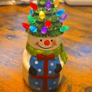 Festive Ceramic Snowman with Multicolor Lighted Christmas Tree Hat